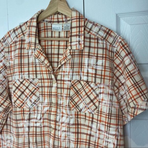 Erika Plaid Cotton Button up Orange Brown Beige Short Sleeve Shirt… - Picture 6 of 8